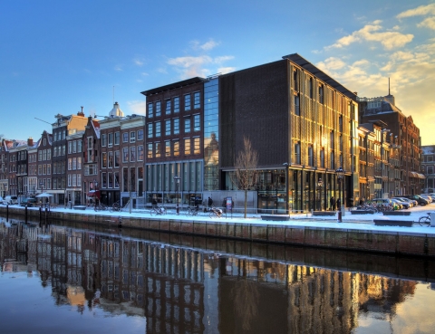 Anne Frank house and holocaust museum in Amsterdam, the Netherlands, on a sunny winter morning. HDR